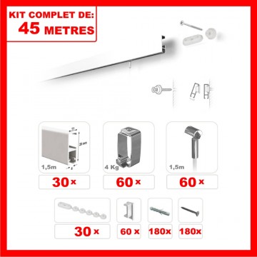 Cimaises - Kit complet de 45m de cimaise à fil Cliprail - BLANC