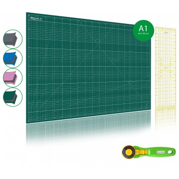 Kit de couture Tapis de découpe VERT A1 (60x90cm), cutter rotatif 45mm et règle patchwork 15x60cm