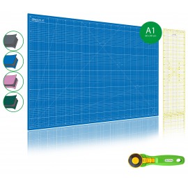 Kit de couture Tapis de découpe BLEU A1 (60x90cm), cutter rotatif 45mm et règle patchwork 15x60cm