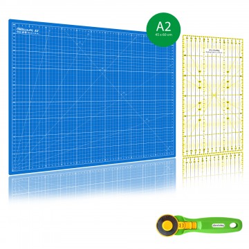 Kit de couture Tapis de découpe BLEU A2 (45x60cm), cutter rotatif 45mm et règle patchwork 15x30cm