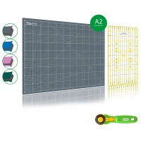Kit de couture Tapis de découpe GRIS A2 (45x60cm), cutter rotatif 45mm et règle patchwork 15x30cm