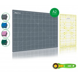 Kit de couture Tapis de découpe GRIS A2 (45x60cm), cutter rotatif 45mm et règle patchwork 15x30cm