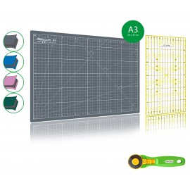 Kit de couture Tapis de découpe GRIS A3 (30x45cm), cutter rotatif 45mm et règle patchwork 15x30cm
