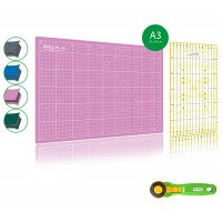 Kit de couture Tapis de découpe ROSE A3 (30x45cm), cutter rotatif 45mm et règle patchwork 15x30cm