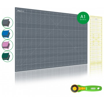 Kit de couture Tapis de découpe GRIS A1 (60x90cm), cutter rotatif 45mm et règle patchwork 15x60cm