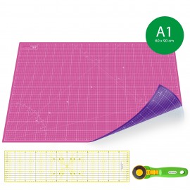 Kit de couture Tapis de découpe double face ROSE et VIOLET A1 (60x90cm), cutter rotatif 45mm et règle patchwork 15x60cm