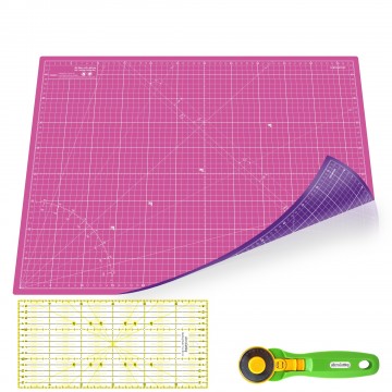Kit de couture Tapis de découpe double face ROSE et VIOLET A2 (45x60m), cutter rotatif 45mm et règle patchwork 15x30cm